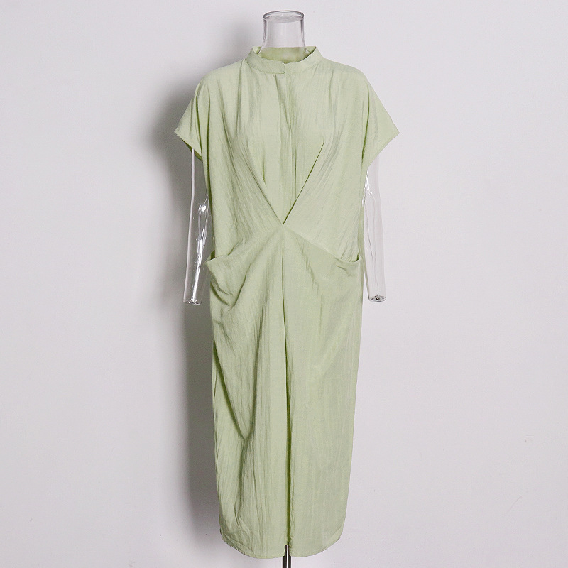 Solid color front cross thin medium-length dress