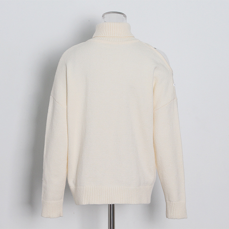 Strapless solid color high neck Long-sleeved loose knit sweater