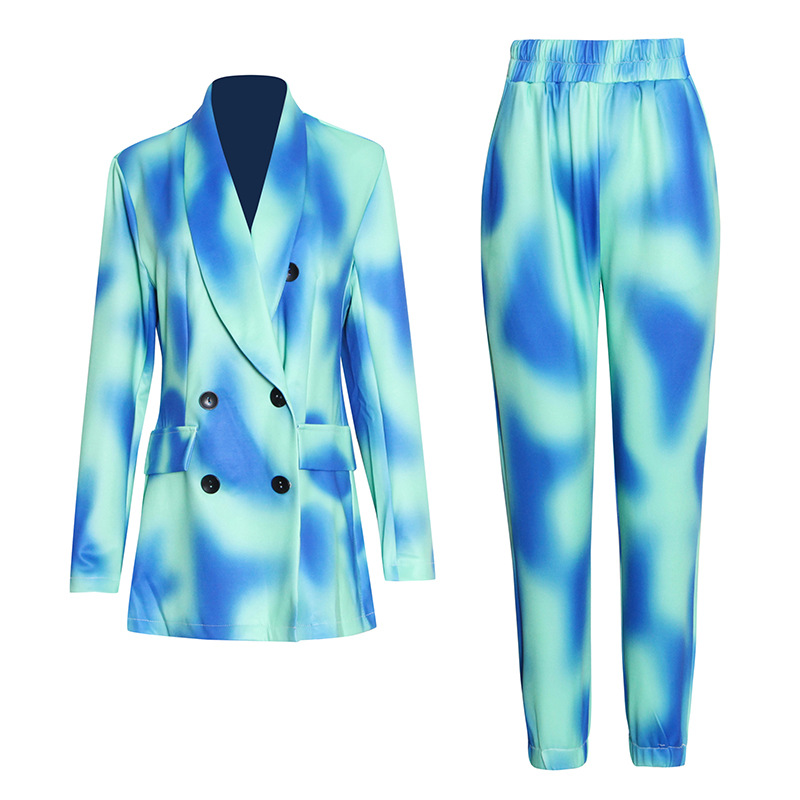 Double-breasted printed suit + stretchy drawstring pants