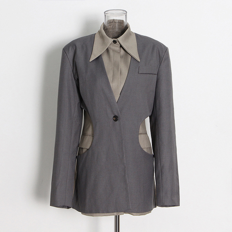 One button lapel solid color patchwork straight jacket