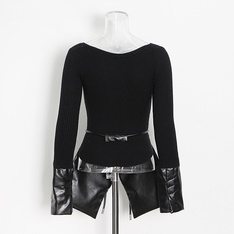 Irregular patchwork knitted leather crew neck sweater