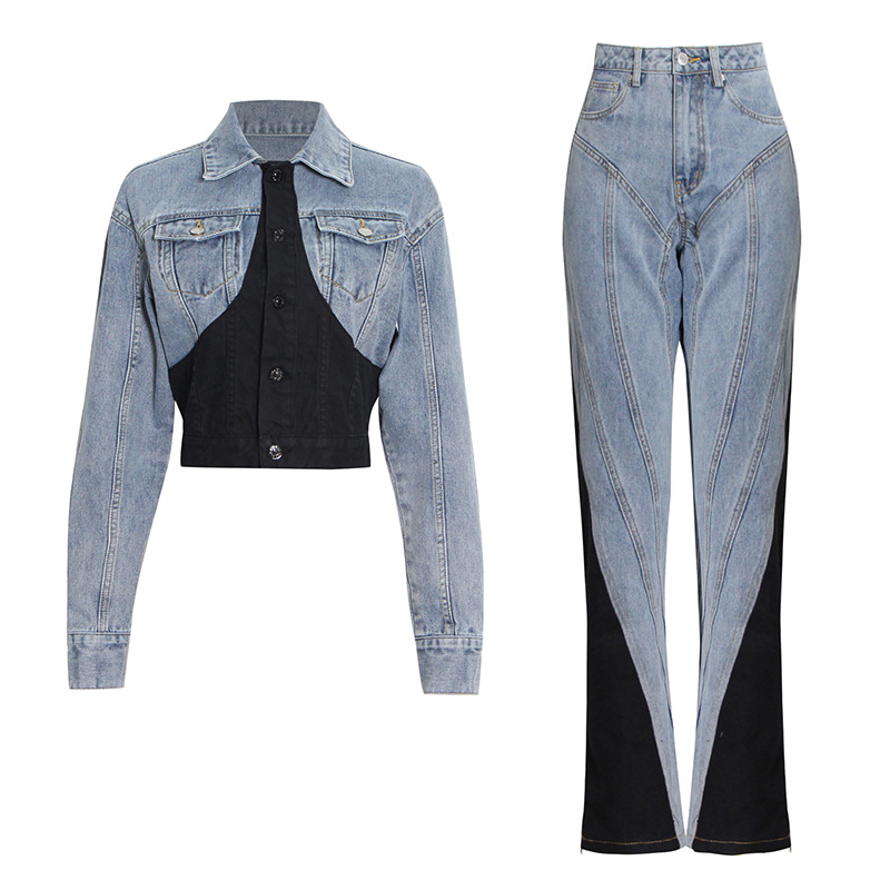 Black and white stitching short denim jacket + high waist straight pants