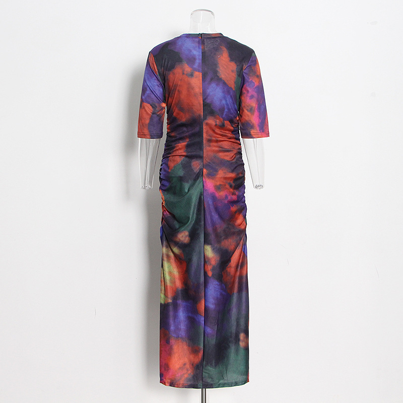 Tie-dye wrinkle temperament commuter short-sleeved package hip dress