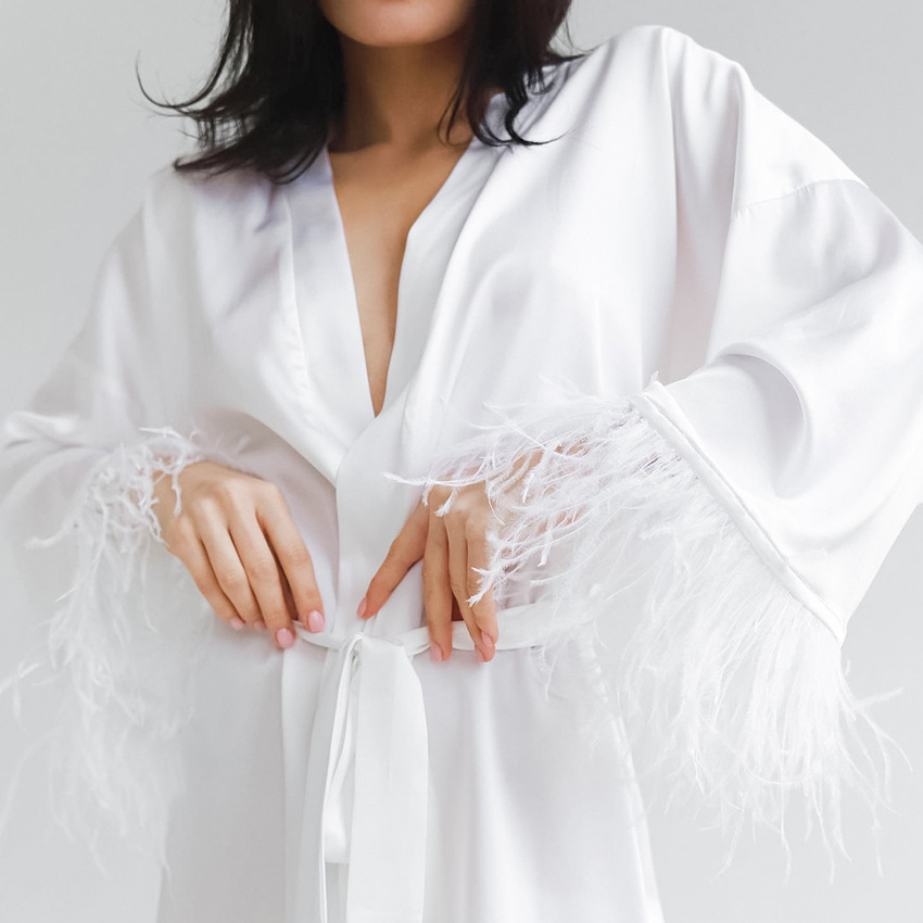 Long-sleeved feather satin nightgown