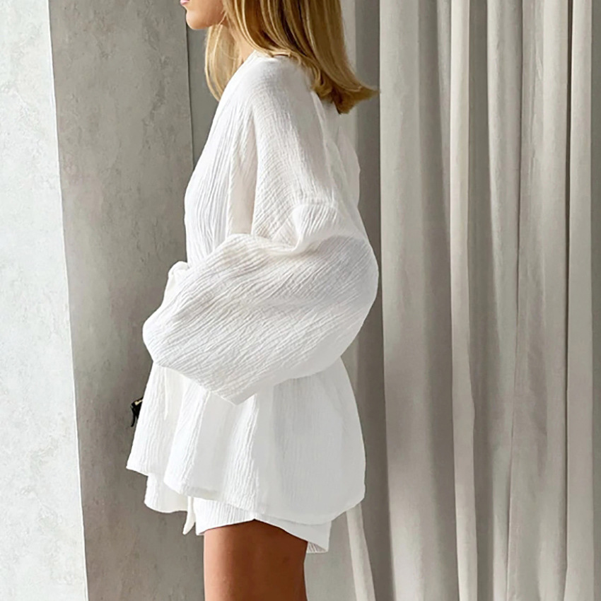 Long-sleeved nightgown comfortable double yarn shorts