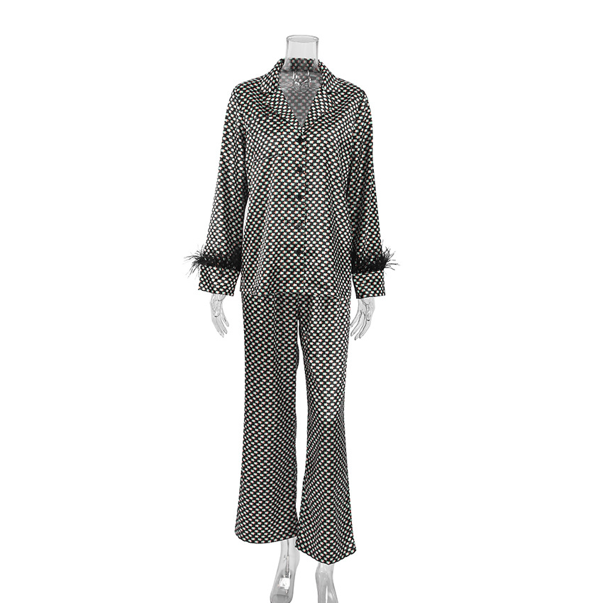 Long-sleeved pajamas printed checkerboard shirt pants