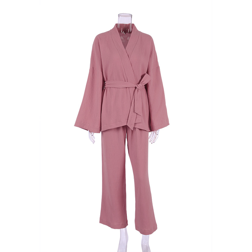 Long-sleeved loose pants crepe women’s solid color nightgown