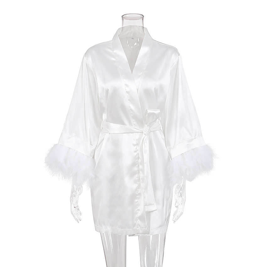 White feather fashion temperament long-sleeved pajamas cross-border satin