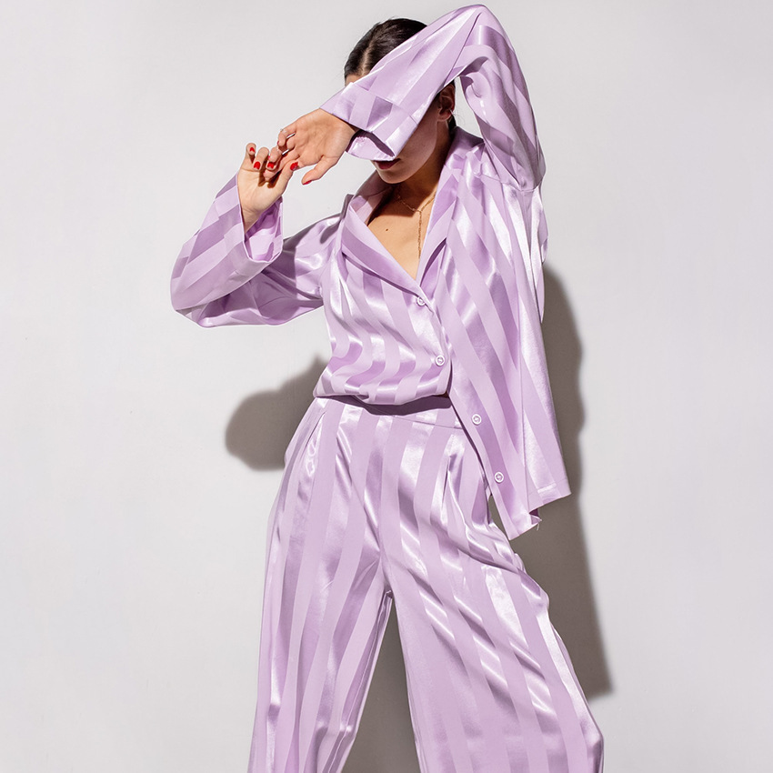 Pajamas purple striped long-sleeved fashion silk pants