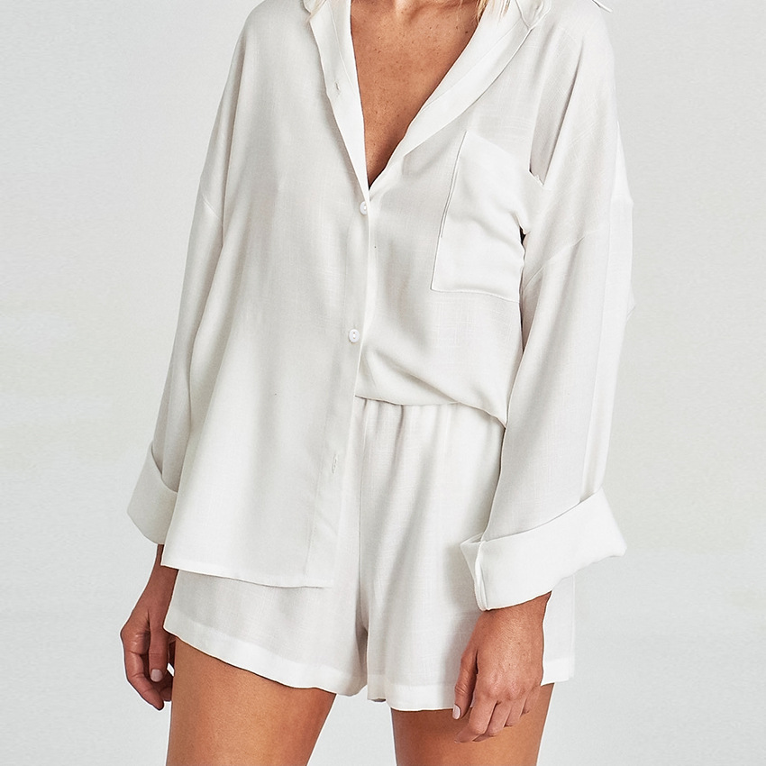 Pajamas cotton linen white shirt shorts loose