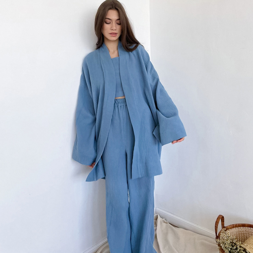 Long-sleeved loose pants crepe women’s solid color nightgown