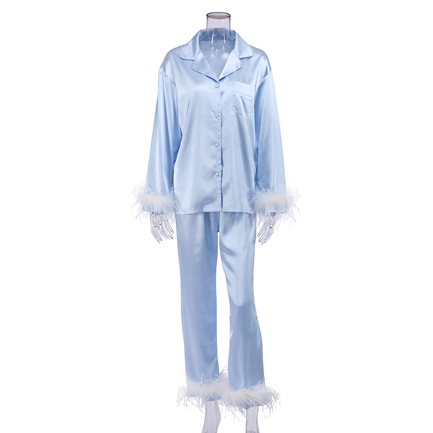 Pajamas feather simulation silk long-sleeved pajama pants