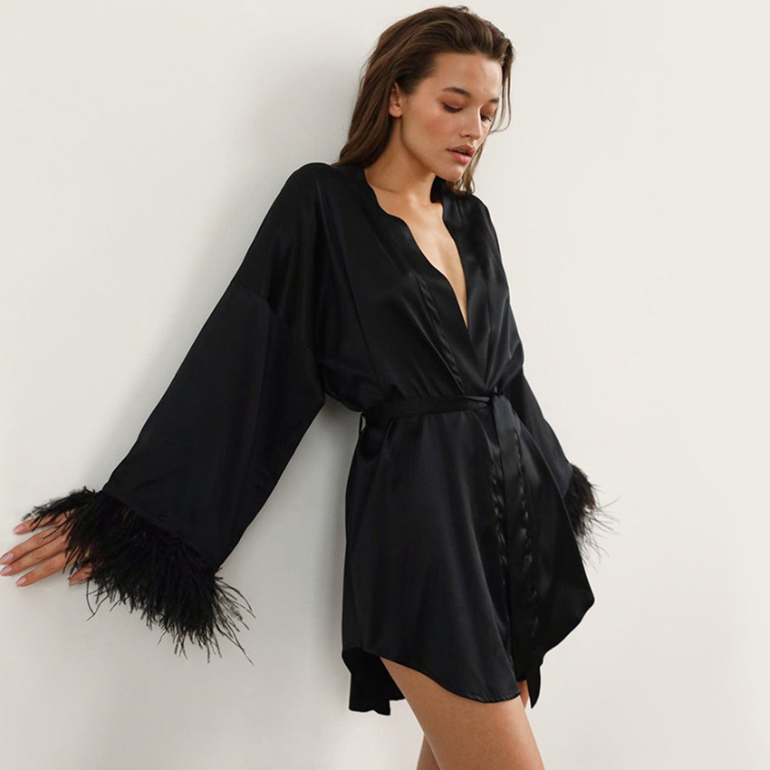 Long-sleeved feather satin nightgown