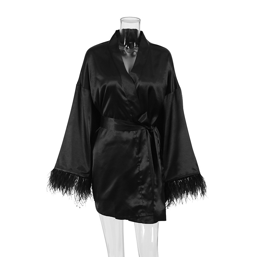 Long-sleeved feather satin nightgown