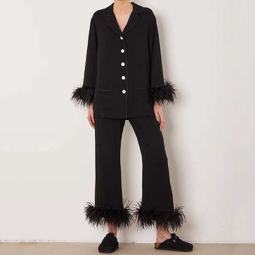 Long-sleeved ostrich feather pajamas cotton silk pants