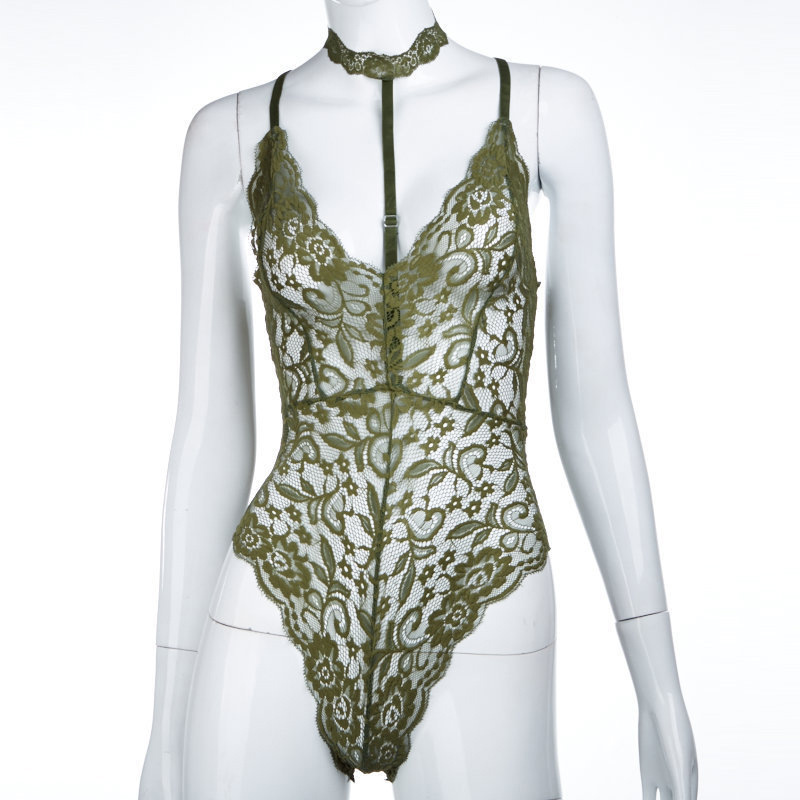 One-piece backless uniform see-through floral lingerie