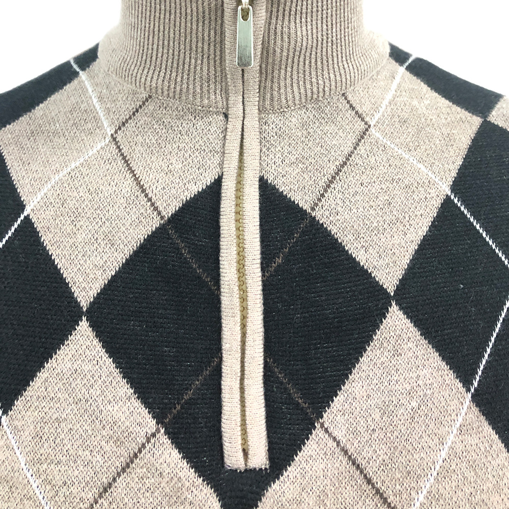 Grey and black plaid high collar zipper long sleeve loose sweater