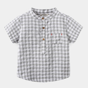 A grey and white checkered short-sleeved shirt