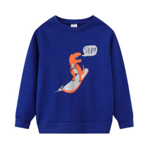 A blue sweatshirt with an orange dinosaur printed on it