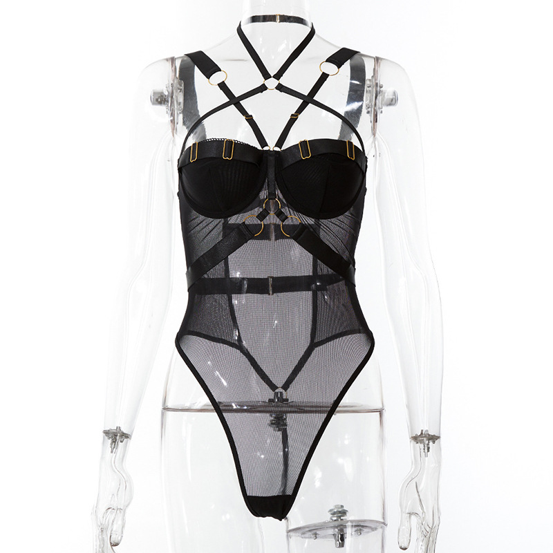 Mesh breathable three-point straps erotic jumpsuit