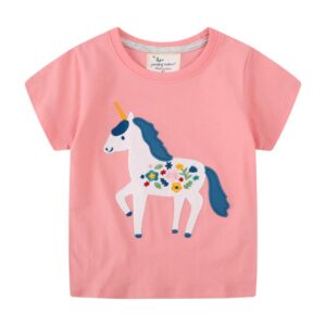 A pink T-shirt with a white unicorn printed on it