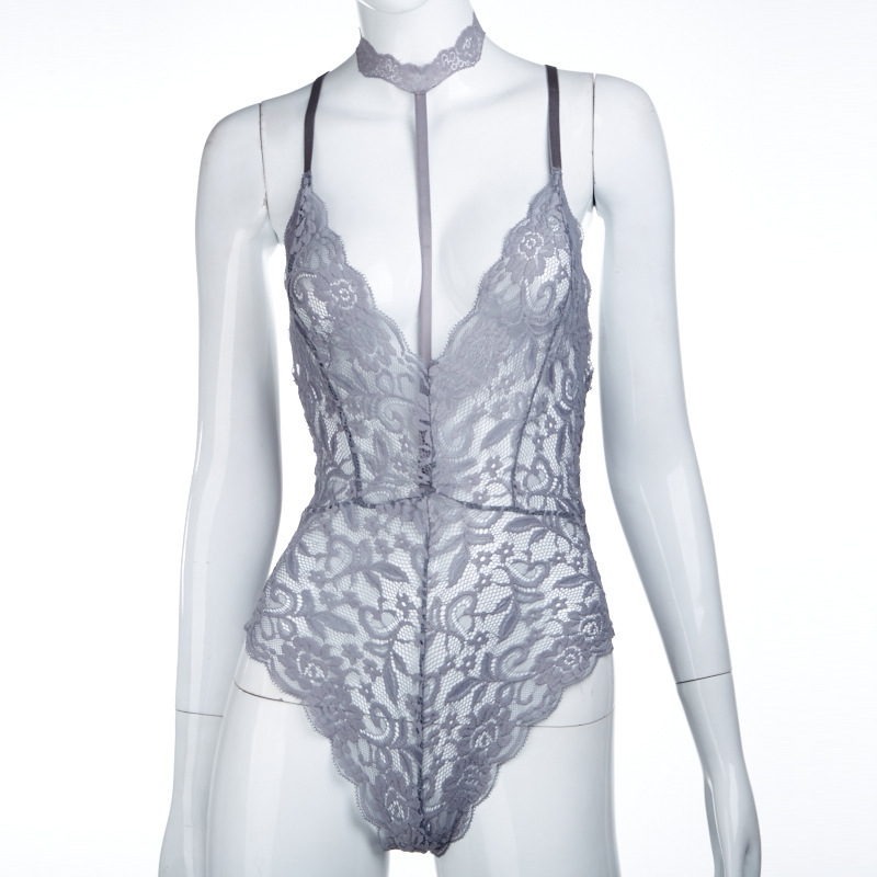 One-piece backless uniform see-through floral lingerie