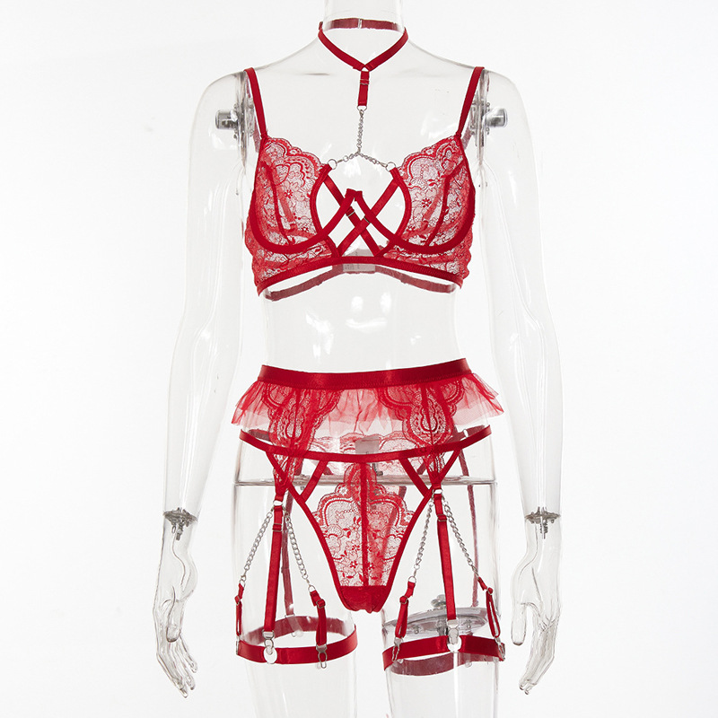 Lace with chain suspenders grid skirt edge see-through erotic suit