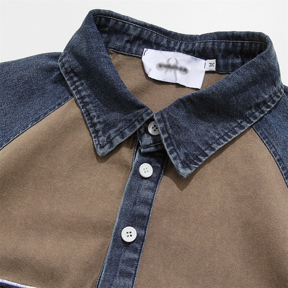 Letter embroidery denim patchwork polo shirt