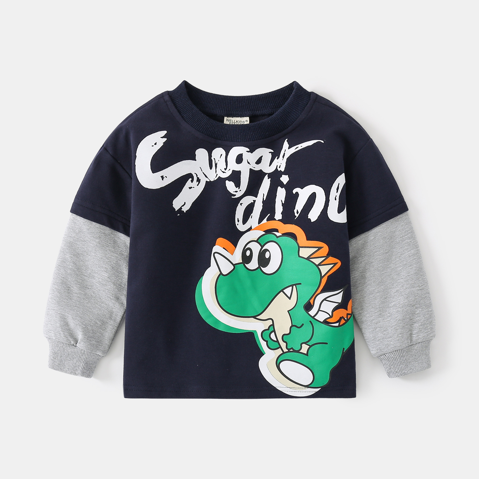 Fake two pieces printed cartoon dinosaur sweatshirt