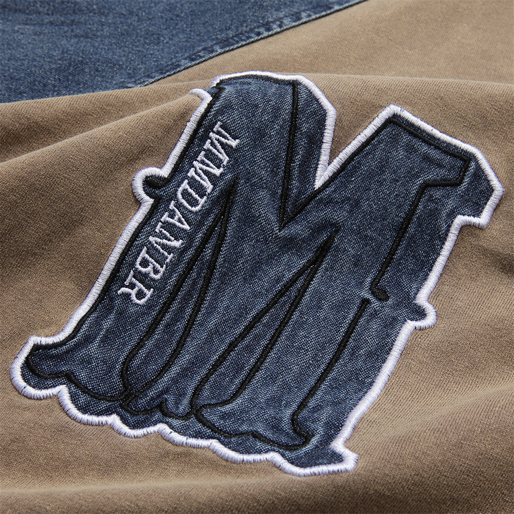 Letter embroidery denim patchwork polo shirt