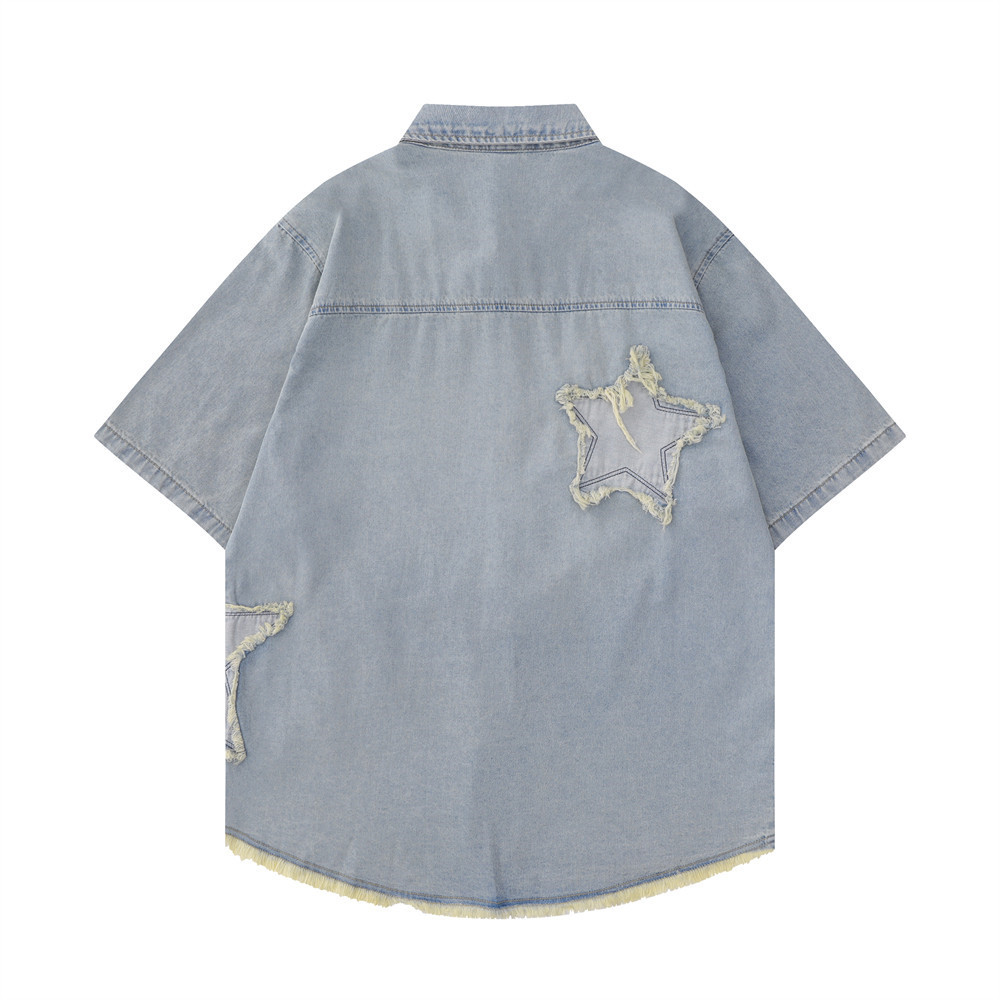 Short-sleeved shirt with burlap star patch embroidery