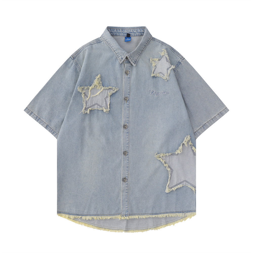 Short-sleeved shirt with burlap star patch embroidery