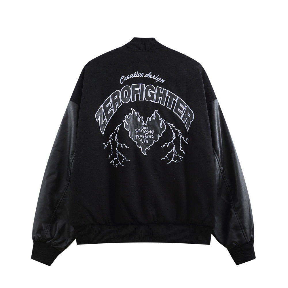 Splicing PU leather sleeves baseball jersey men’s letter embroidery jacket