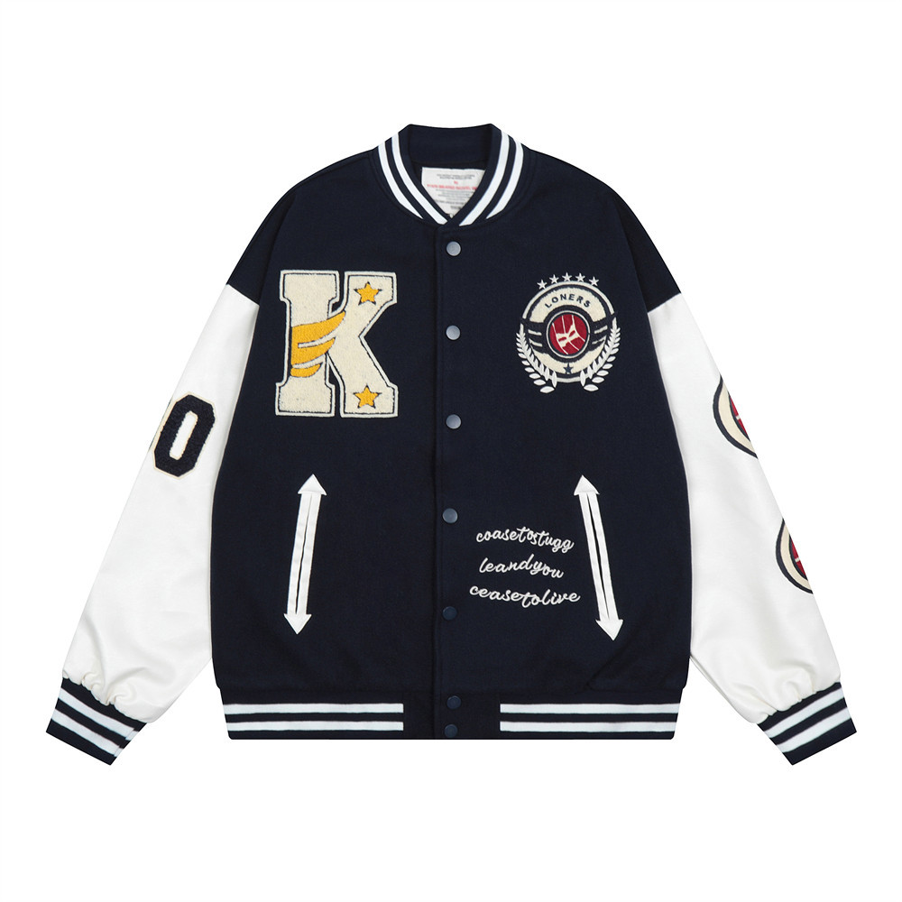 Street baseball clothing men’s loose letters embroidered clashing color patchwork jacket