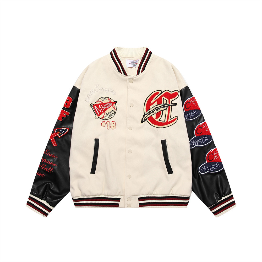 Collision color stitching PU leather sleeves heavy embroidered letters baseball jacket