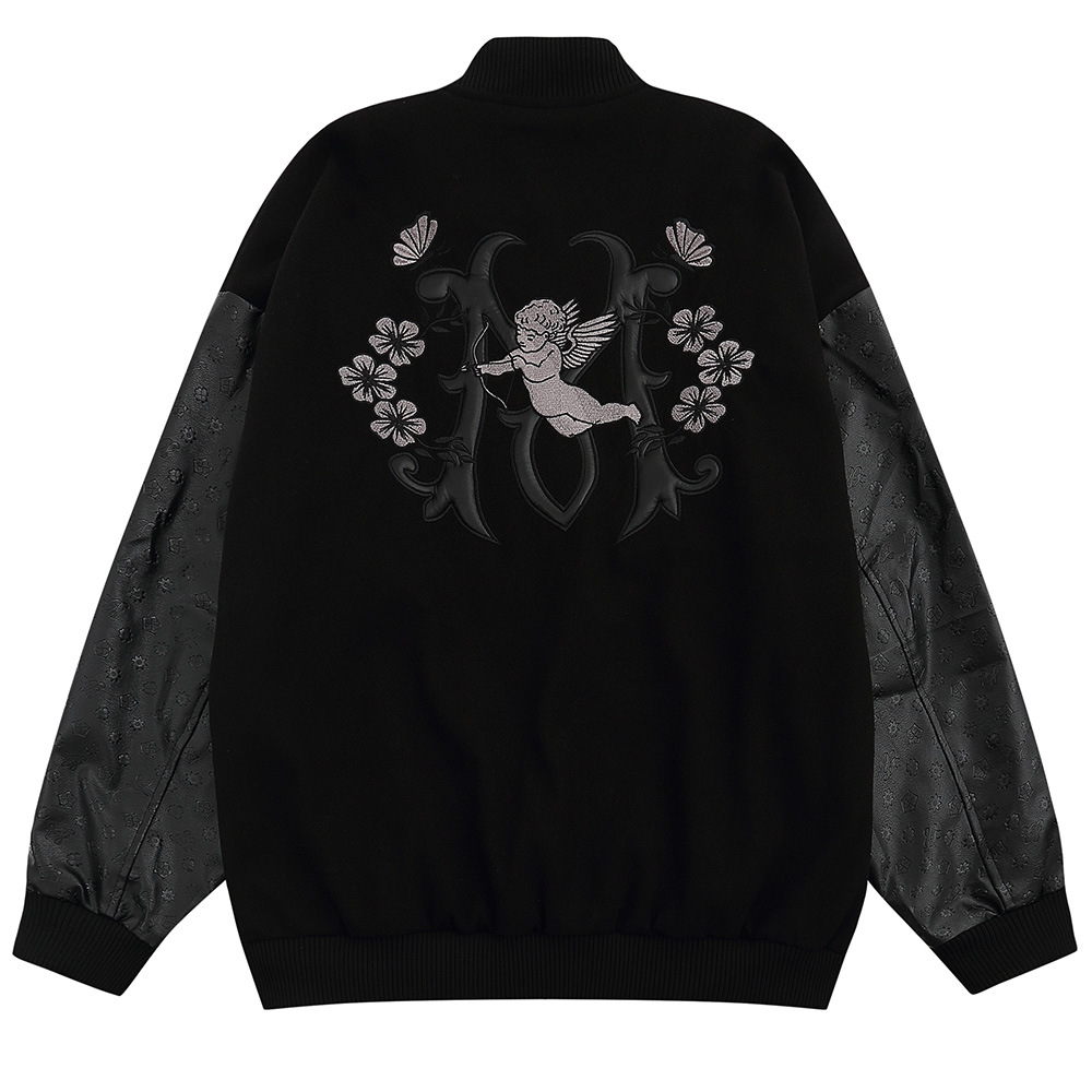 Flocked embroidered cherubs pu leather sleeves baseball jacket