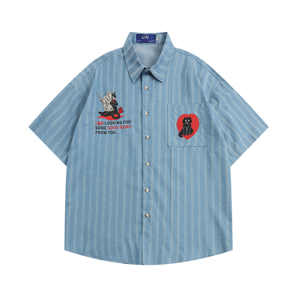 Fun cartoon embroidered pocket striped short-sleeved shirt