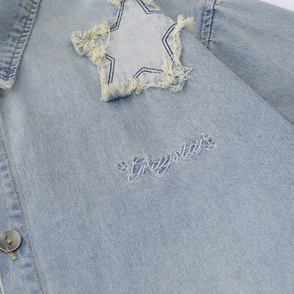 Short-sleeved shirt with burlap star patch embroidery