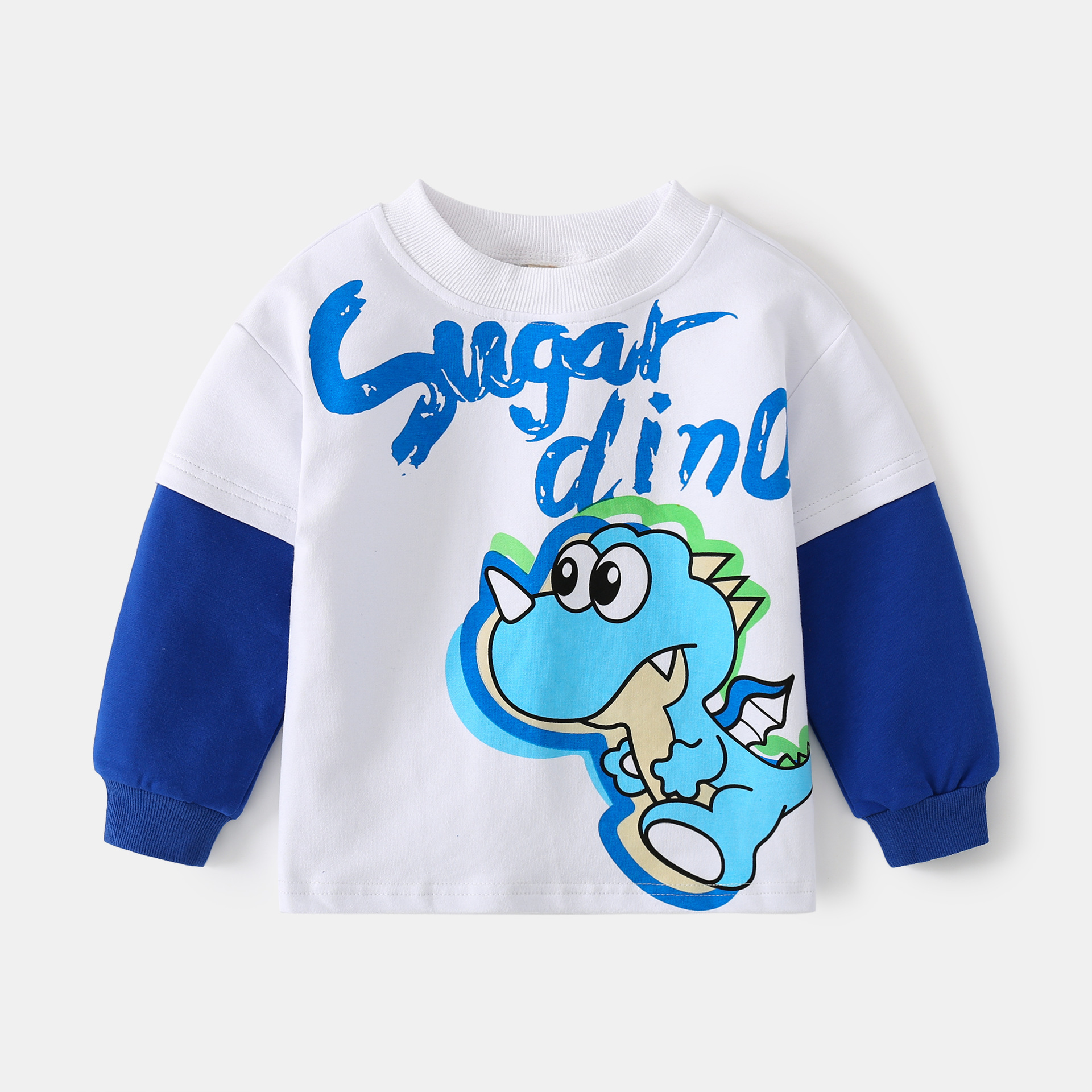 Fake two pieces printed cartoon dinosaur sweatshirt