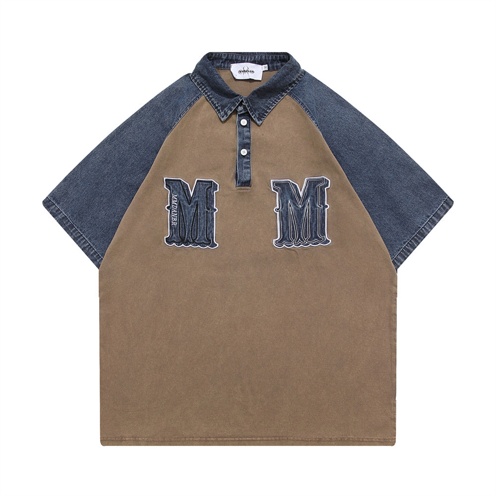 Letter embroidery denim patchwork polo shirt