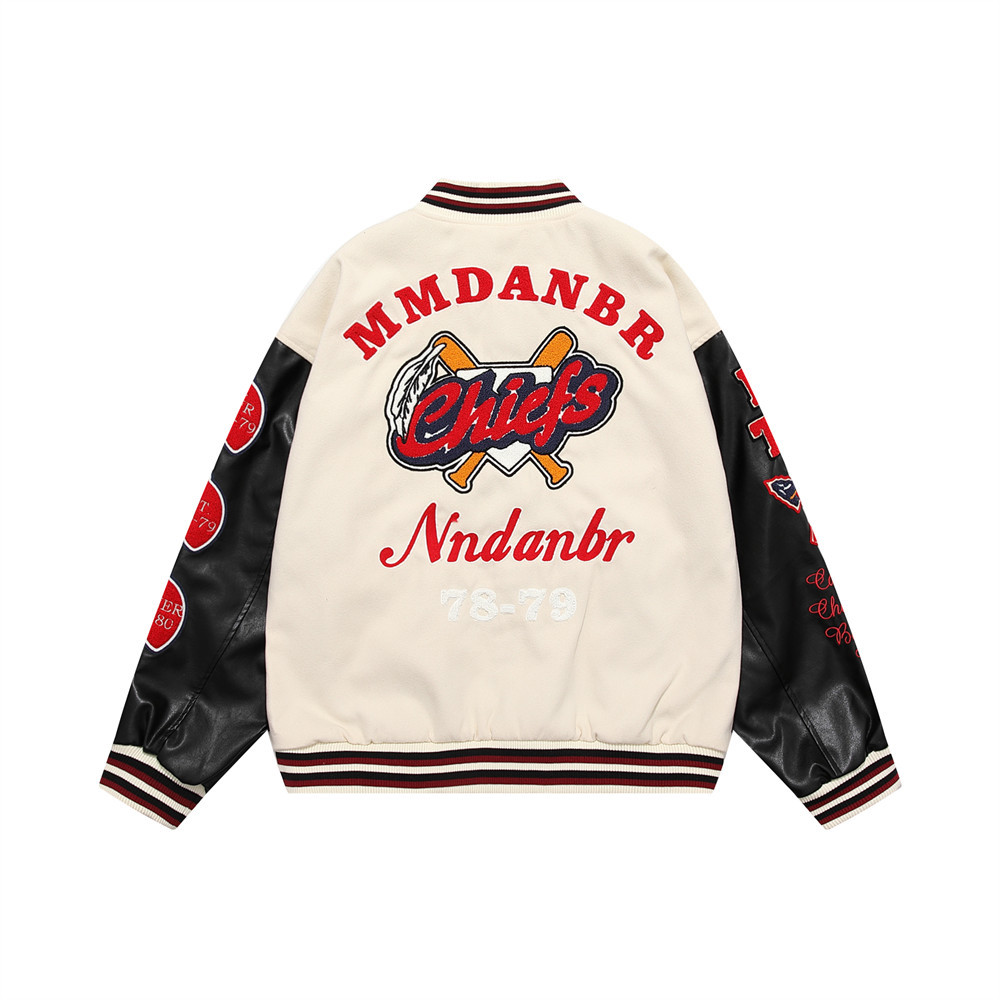 Collision color stitching PU leather sleeves heavy embroidered letters baseball jacket