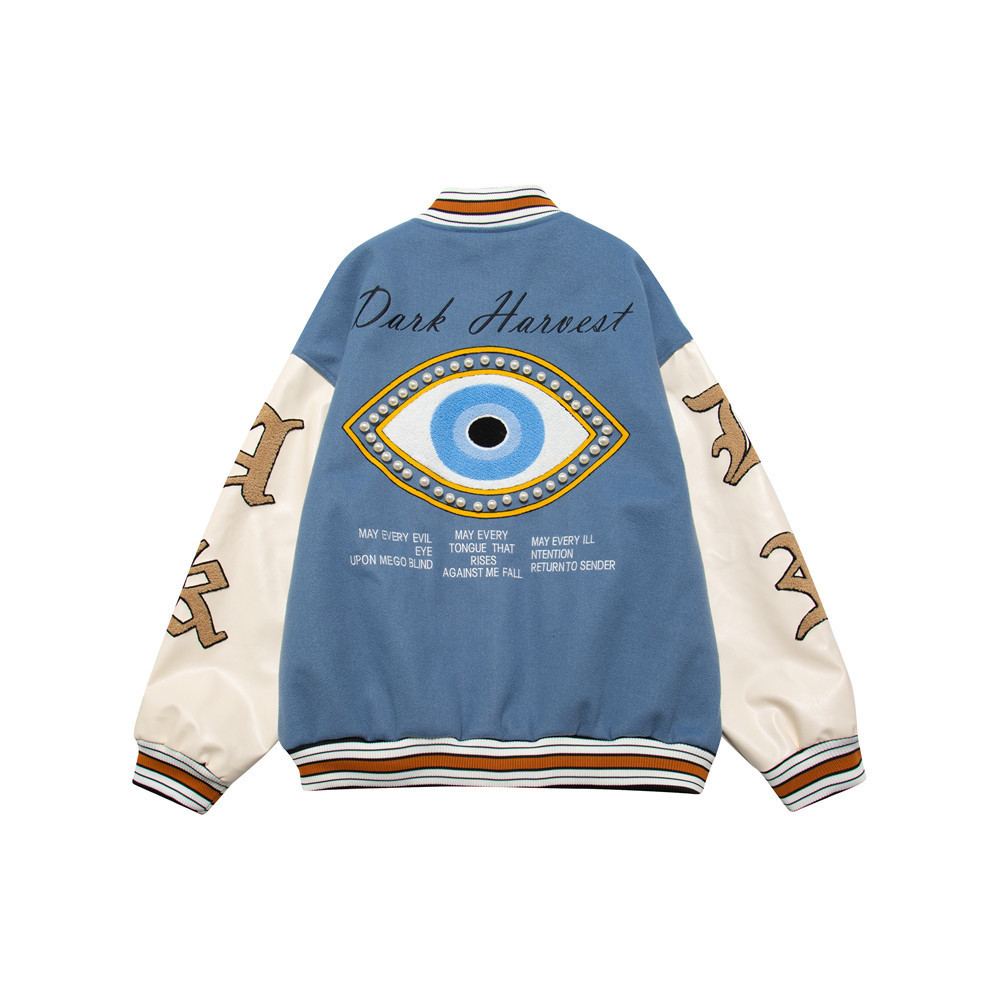 Embroidered eyes beaded baseball jacket men’s colorful long-sleeved jacket