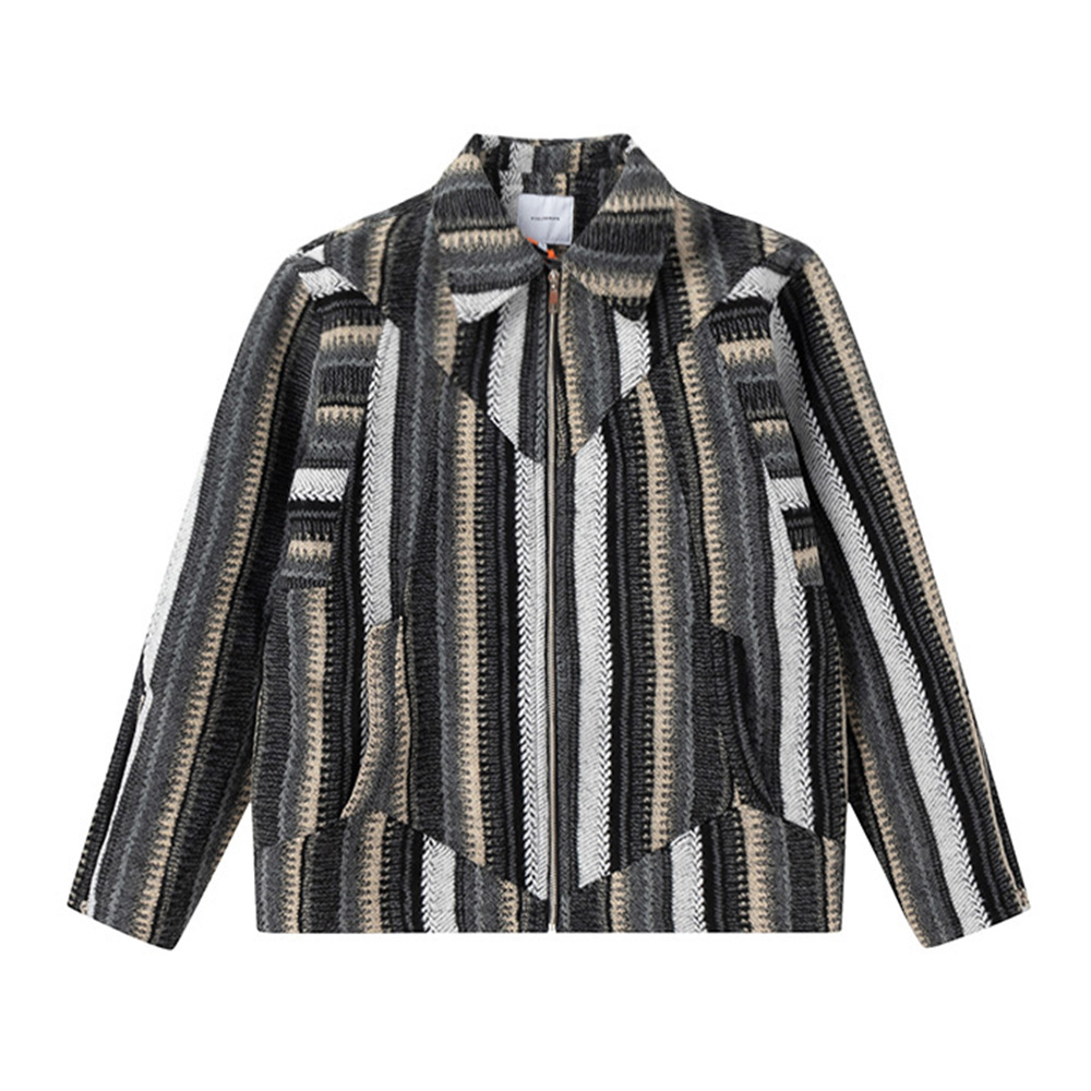 Collision stripes patchwork irregular lapel zipper jacket