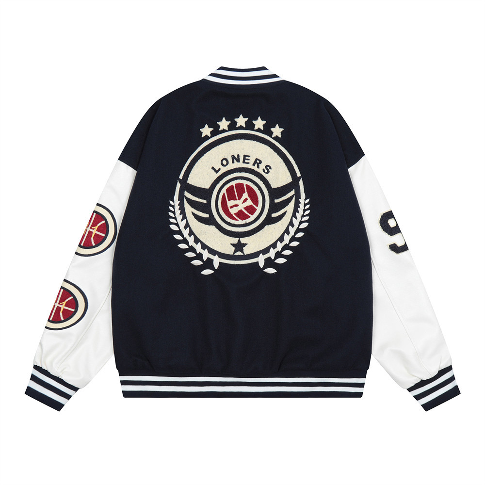 Street baseball clothing men’s loose letters embroidered clashing color patchwork jacket