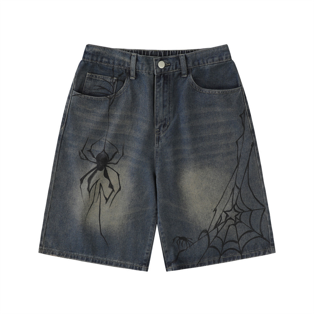 Loose casual washed white spider print denim shorts