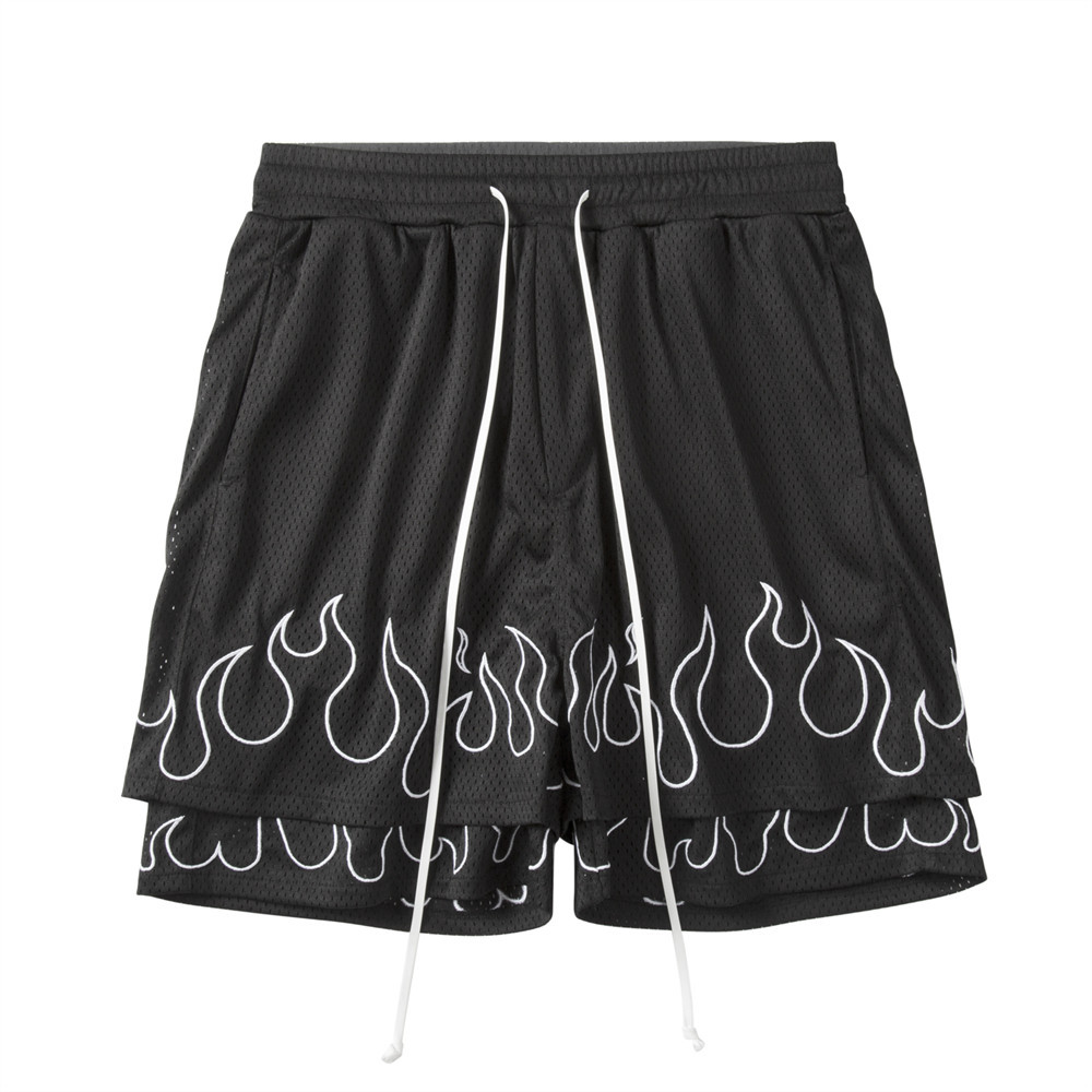 Double-layer patchwork fake two-piece flame embroidered casual sports shorts