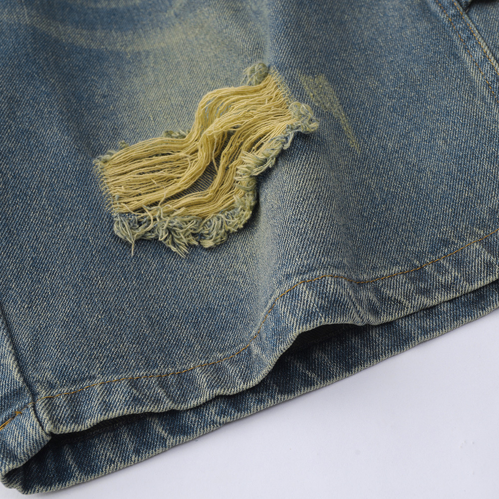 Casual loose fitting wide leg washed and torn denim shorts