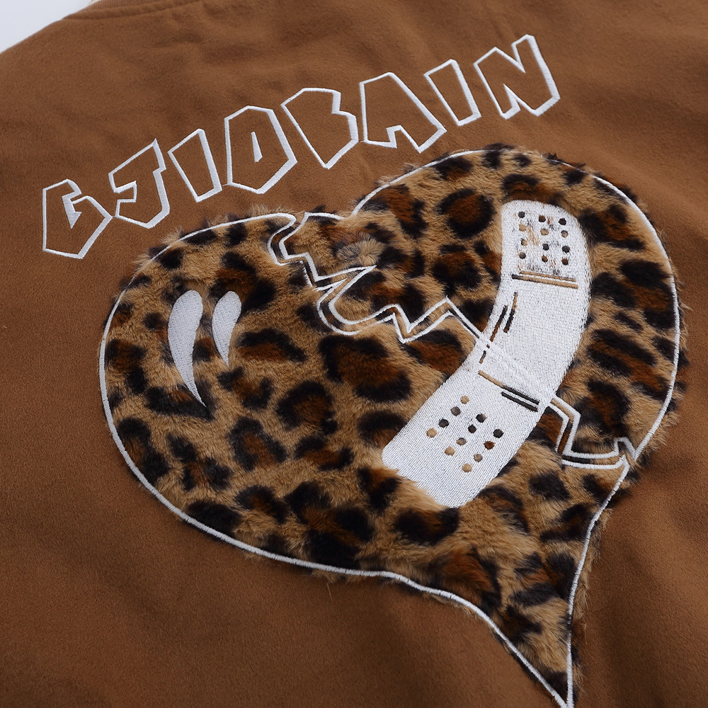 Leopard print love embroidery collision color stitching PU leather sleeve jacket