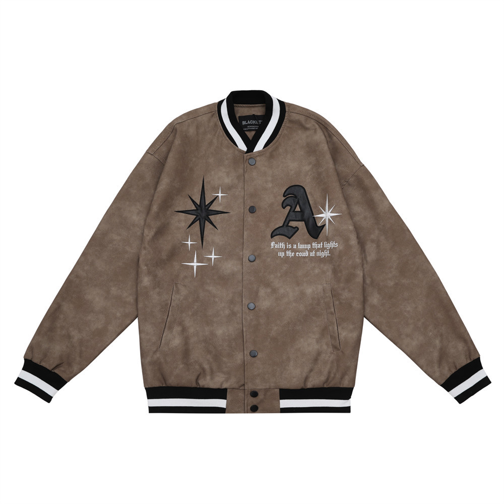 Ten letters embroidered leather jacket for men’s autumn and winter