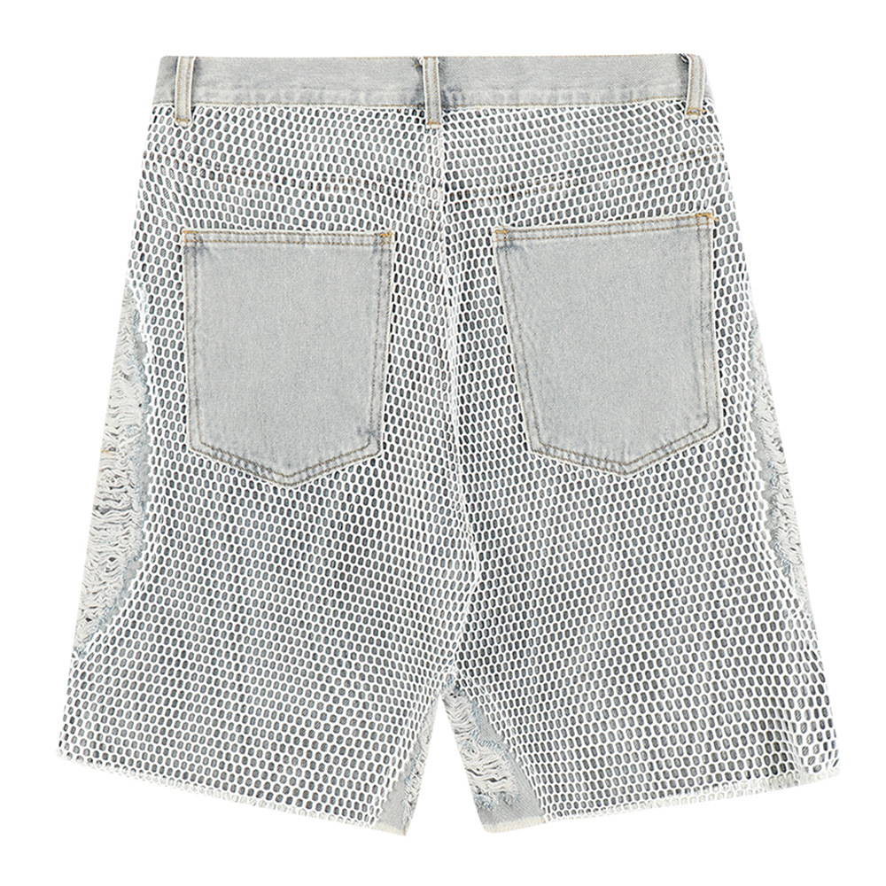 Ripped cut-out mesh patch denim shorts